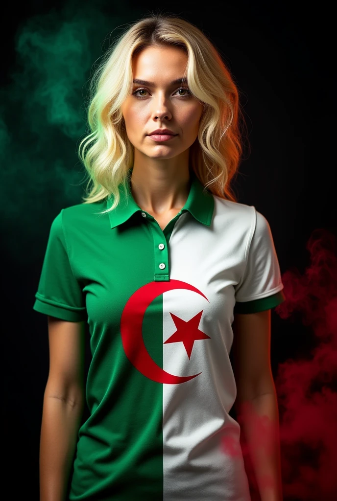 Bold blonde woman wearing white and green block polo shirt with large Algerian flag pattern, black background with colorful smoke realistic photo