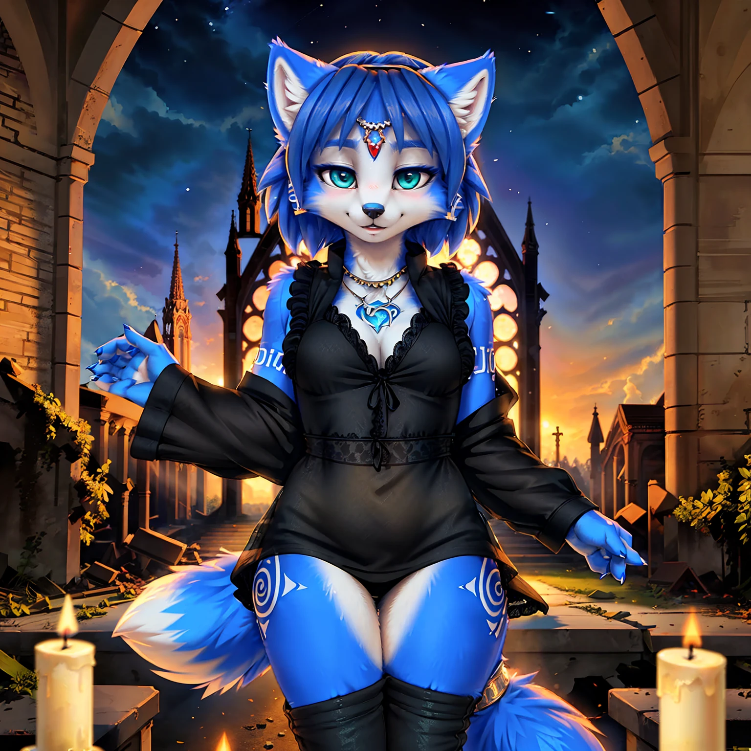 a picture of ((krystal)), Star Fox krystal, lovable, green eyes, medium breasts, (((Long blue hair 1.3))), Decollete, anthro, furry, Uploaded E621, detailed fluffys fell, (von Fluff-Kevlar, Bayard Wu, Pino Daeni), detailed face, (fluffy), 1 girl, alone, sweet girl,  attracted, (((black coat))), (((black jeans:1.3))), (((chemise:1.3))) , detailed fur, (Kirchenruine, destroyed church, abandoned church), detailed light, Night color palette, Night pastel soft light, candles, 