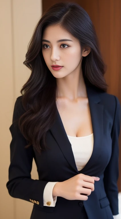 (RAW photograph:1.2),the highest quality, ultra-highres, Very slightly visible breasts, Big Eyes, slim waist, Lovely smile, 8K, Very detailed faces, detailed lips, delicated eyes, Double eyelidd, long black hair, Black-haired god, Top-notch terrace, Lovely eyes, (Suits in white and black)
