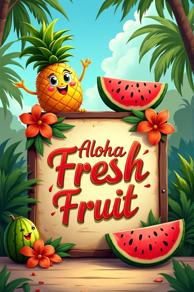 A sign that says Aloha Fresh FRUIT with an animated pineapple and watermelon 