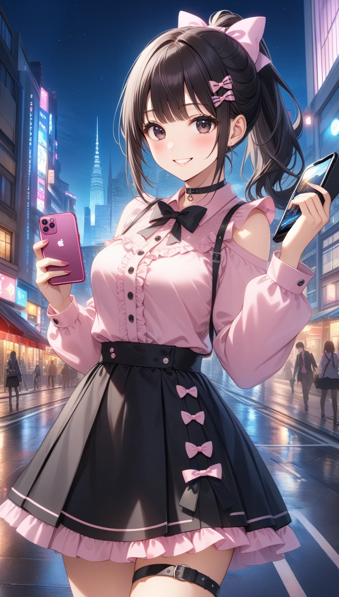 1girl, solo, breasts, looking at viewer, blush, smile, bangs, skirt, shirt, black hair, hair ornament, long sleeves, bow, ribbon, holding, medium breasts, standing, ponytail, hair bow, outdoors, frills, choker, hairclip, bowtie, black skirt, grin, black eyes, hands up, clothing cutout, black bow, thigh strap, night, buttons, black choker, phone, cellphone, building, smartphone, holding phone, pink shirt, black bowtie, city, shoulder cutout, jirai kei, ((32k)), ((best quality)), ((ultra high res)), ((HDR)), ((UHD)), ((extremely detailed CG)), ((unity 32k wallpaper)), 