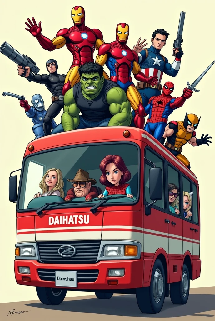 Create an image of the Avengers reimagined as a 2-dimensional cartoon. Include characters like Iron Man, Captain America, Thor, Hulk, Black Widow, spiderman, wolverine, deadpool and doctor strange. Design them with exaggerated anime style features, such as heads 4 times larger than normal size like caricatures and dynamic poses, place some of the characters in the bus, on top of the bus or flying with the background of a building that says Daihatsu, the bus is red and white colours and has Daihatsu writing that emphasizes action and intensity. Each character must have a unique anime-style weapon or accessory that matches their personality and strength on a plain colored background