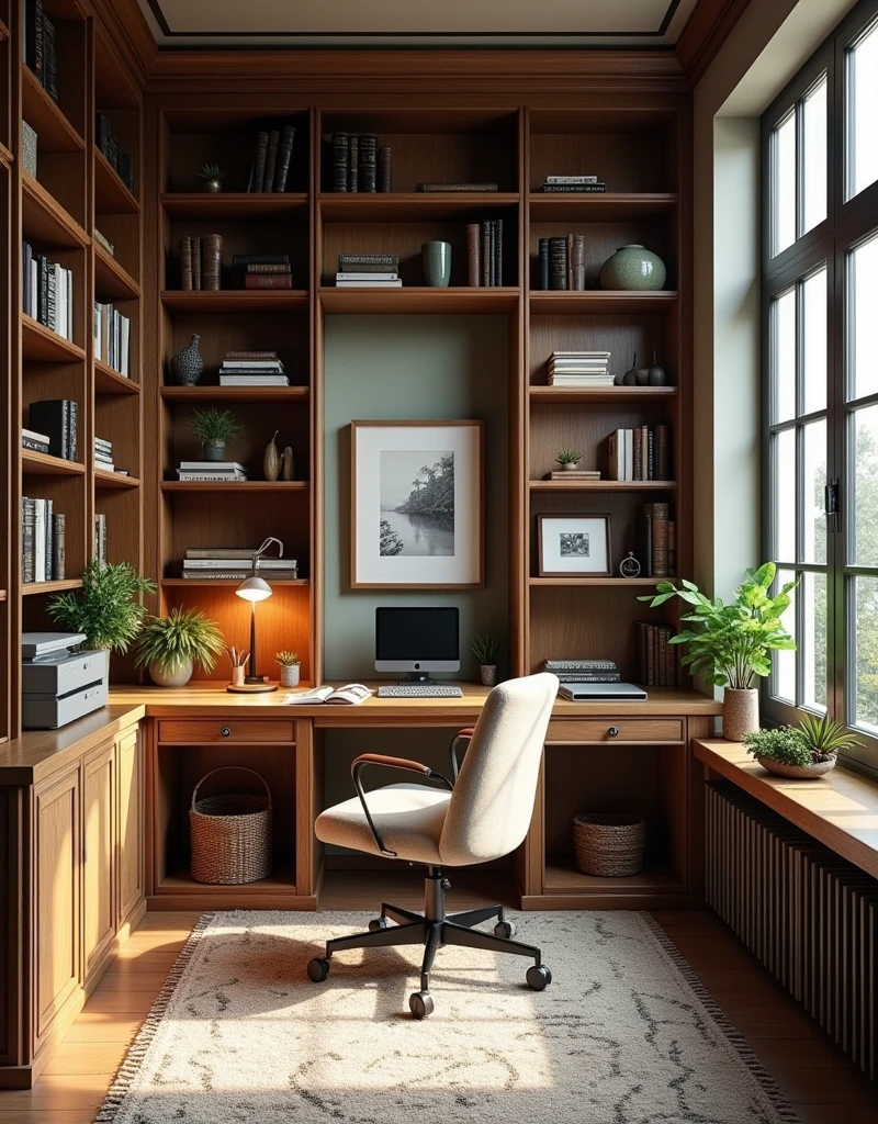 My study。Includes the following items:bookshelf:书房的中心位置通常会有一个或多个bookshelf,Used to store books、Magazines and other reading material。bookshelf可以是开放式的,It can also be with a door,Depends on your needs for beauty and dustproof。
desk:desk是书房的核心,Usually located in the center of the room or near a window,To get good light。desk上可能会有、desk lamp、Pen、Folders and other office supplies。
Comfortable chair:一把Comfortable chair对于长时间阅读或工作至关重要。It could be an office chair.,With adjustable armrests and lumbar support。
reading nook:In a quiet corner of the study,There may be a comfortable sofa or armchair,There is a floor lamp next to it.,Create a warm reading environment。
Artwork and decoration:There may be some artwork or paintings on the walls.,These can reflect your personal tastes and interests。
plant:一些室内plant可以为书房增添生机,It also helps purify the air。
Lockers:一个Lockers可以用来存放文件、Stationery and other rarely used items,Keep your study room tidy。
carpet:一块柔软的carpet可以为书房增添舒适感,It also helps reduce noise。
curtain:适当的curtain可以控制光线,Protect your eyes from direct sunlight。
Technical equipment:Apart from,The study room may also be equipped with a printer、scanner、耳机等Technical equipment。