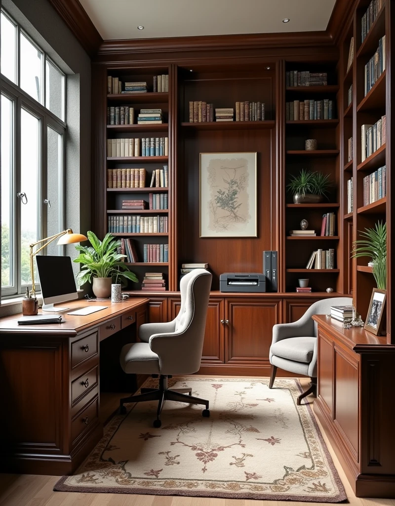 My study。Includes the following items：bookshelf：书房的中心位置通常会有一个或多个bookshelf，Used to store books、Magazines and other reading material。bookshelf可以是开放式的，It can also be with a door，Depends on your needs for beauty and dustproof。

desk：desk是书房的核心，Usually located in the center of the room or near a window，To get good light。desk上可能会有、desk lamp、Pen、Folders and other office supplies。

Comfortable chair：一把Comfortable chair对于长时间阅读或工作至关重要。It could be an office chair.，With adjustable armrests and lumbar support。

reading nook：In a quiet corner of the study，There may be a comfortable sofa or armchair，There is a floor lamp next to it.，Create a warm reading environment。

Artwork and decoration：There may be some artwork or paintings on the walls.，These can reflect your personal tastes and interests。

plant：一些室内plant可以为书房增添生机，It also helps purify the air。

Lockers：一个Lockers可以用来存放文件、Stationery and other rarely used items，Keep your study room tidy。

carpet：一块柔软的carpet可以为书房增添舒适感，It also helps reduce noise。

curtain：适当的curtain可以控制光线，Protect your eyes from direct sunlight。

Technical equipment：Apart from，The study room may also be equipped with a printer、scanner、耳机等Technical equipment。
