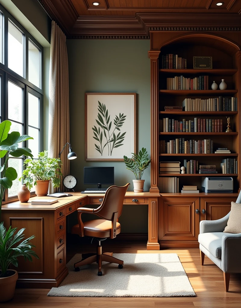My study。Includes the following items:bookshelf:书房的中心位置通常会有一个或多个bookshelf,Used to store books、Magazines and other reading material。bookshelf可以是开放式的,It can also be with a door,Depends on your needs for beauty and dustproof。
desk:desk是书房的核心,Usually located in the center of the room or near a window,To get good light。desk上可能会有、desk lamp、Pen、Folders and other office supplies。
Comfortable chair:一把Comfortable chair对于长时间阅读或工作至关重要。It could be an office chair.,With adjustable armrests and lumbar support。
reading nook:In a quiet corner of the study,There may be a comfortable sofa or armchair,There is a floor lamp next to it.,Create a warm reading environment。
Artwork and decoration:There may be some artwork or paintings on the walls.,These can reflect your personal tastes and interests。
plant:一些室内plant可以为书房增添生机,It also helps purify the air。
Lockers:一个Lockers可以用来存放文件、Stationery and other rarely used items,Keep your study room tidy。
carpet:一块柔软的carpet可以为书房增添舒适感,It also helps reduce noise。
curtain:适当的curtain可以控制光线,Protect your eyes from direct sunlight。
Technical equipment:Apart from,The study room may also be equipped with a printer、scanner、耳机等Technical equipment。