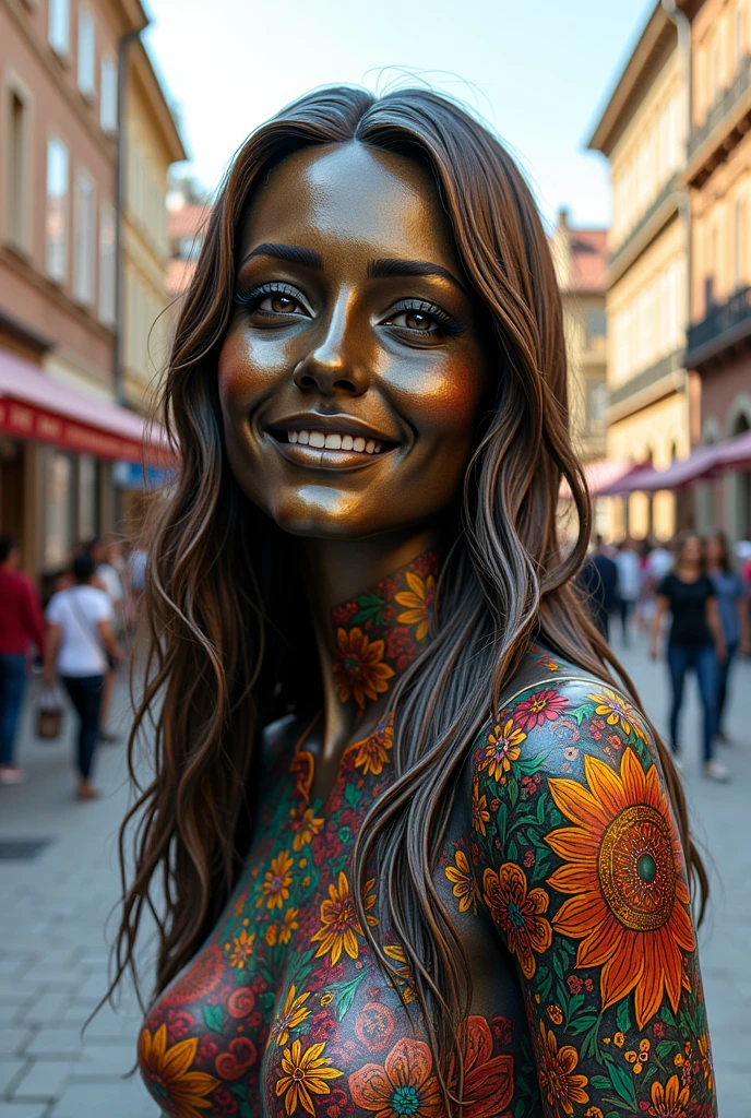 A bronze statue of a , very detailed, , long straight hair. burning smile, colourful drawing. in a square. drawing style , filled line art, 2d.