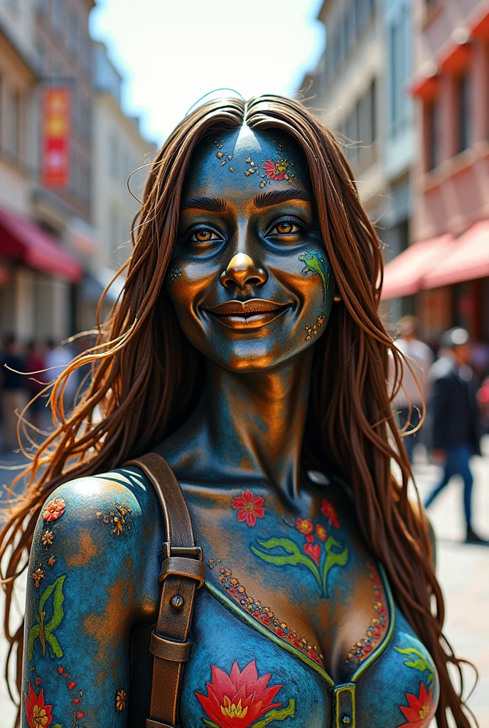 A bronze statue of a , very detailed, , long straight hair. burning smile, colourful drawing. in a square. drawing style , filled line art, 2d.