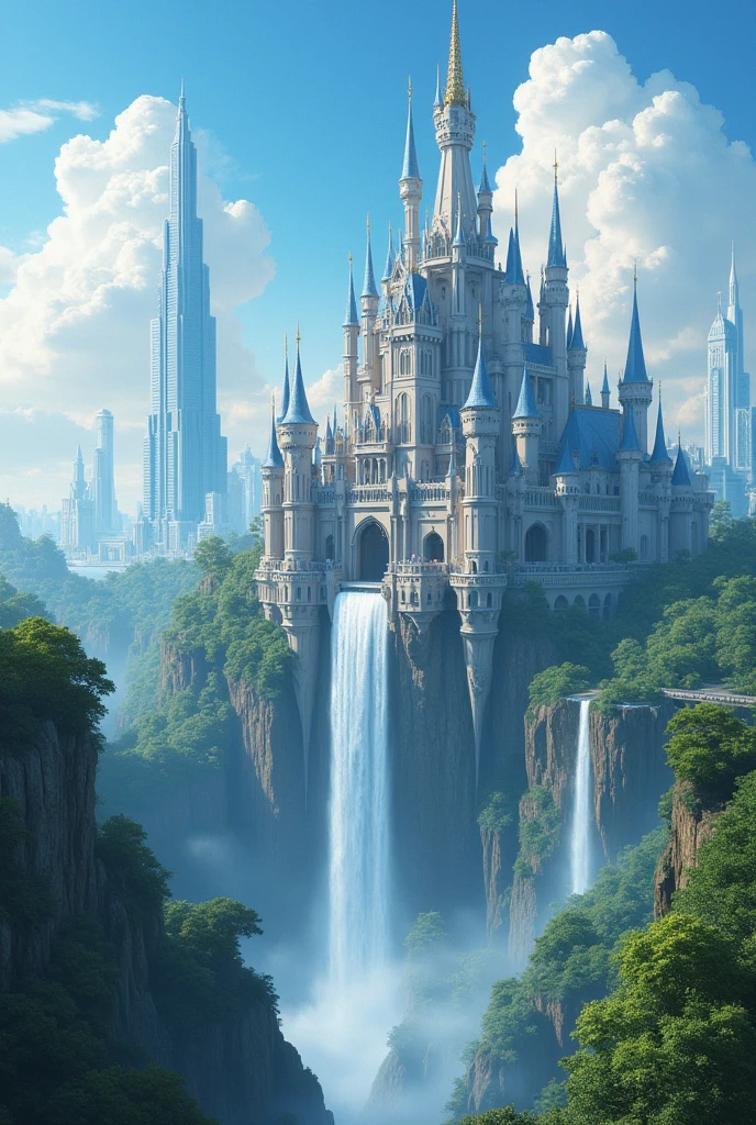 Huge castles and skyscrapers floating in the sky Cyberpunk Isekai Fantasy Top Quality Ultra High Definition Utopia 8K Giant Waterfall Mother Nature