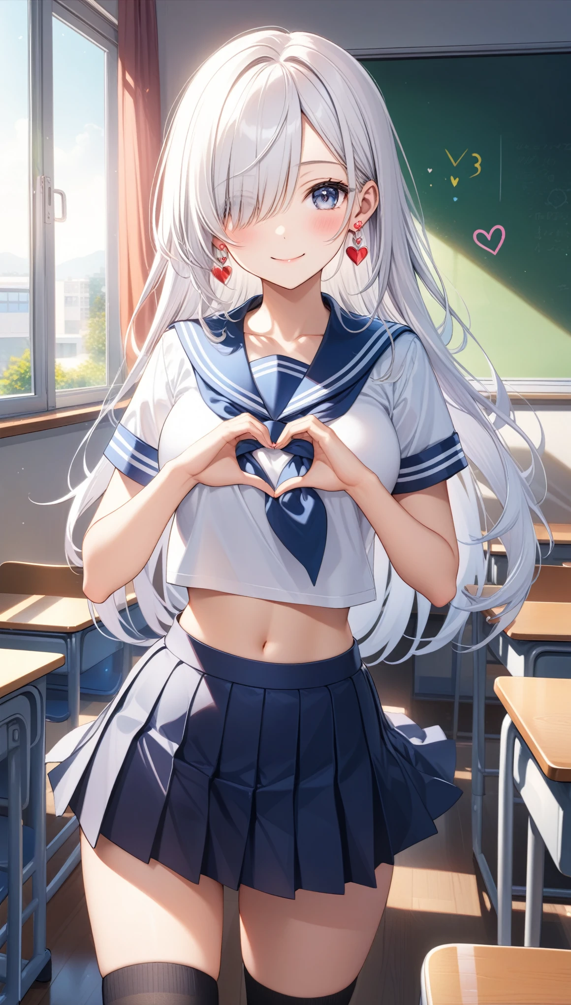 1girl, solo, long hair, breasts, looking at viewer, blush, smile, bangs, skirt, shirt, jewelry, closed mouth, school uniform, standing, white shirt, white hair, short sleeves, heart, pleated skirt, earrings, serafuku, day, socks, midriff, indoors, black skirt, sailor collar, hair over one eye, crop top, neckerchief, grey eyes, kneehighs, window, black socks, desk, classroom, school desk, heart hands, crop top overhang, heart earrings, ((32k)), ((best quality)), ((ultra high res)), ((HDR)), ((UHD)), ((extremely detailed CG)), ((unity 32k wallpaper)),