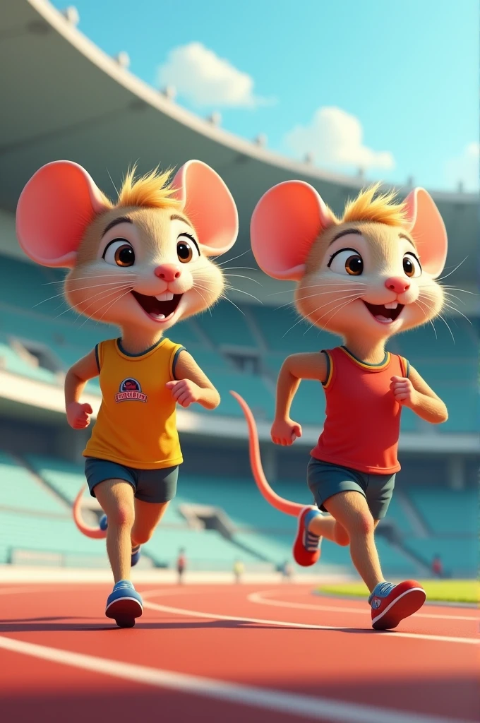 Two animal rats with blonde hair who are jogging around a stadium dressed in sportswear in a cartoon style