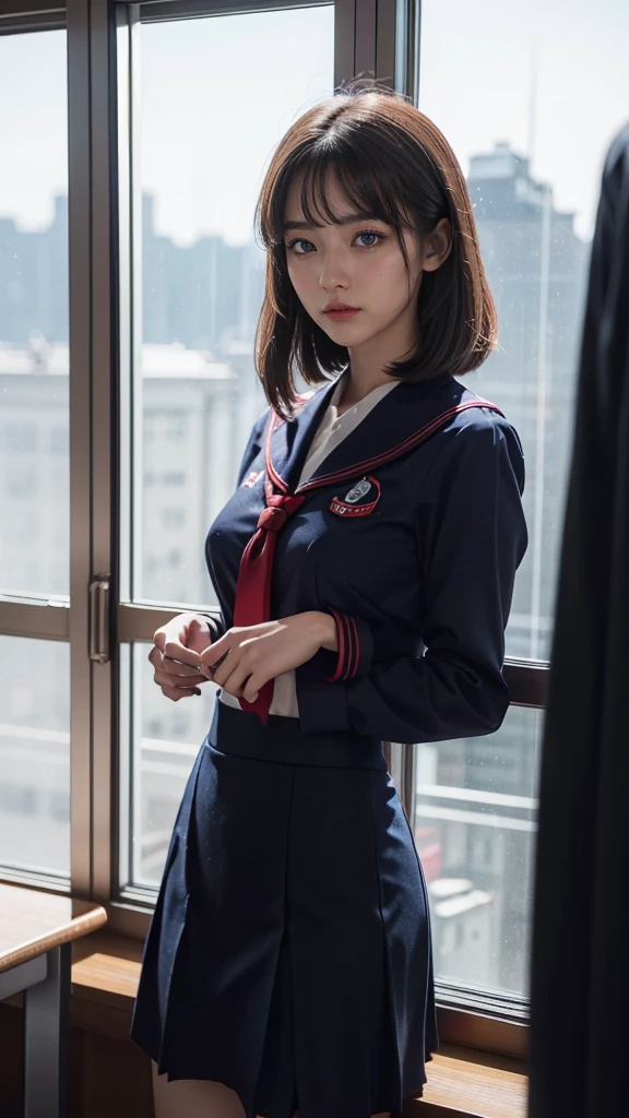 A beautiful girl with red eyes wearing a navy blue sailor uniform standing by the window in the classroom, (((red eyes:1.2)))、(Detailed eyes and face:1.2、Professional photography techniques:1.3)、Highest quality、Highest quality、Masterpiece、Ultra high definition、Reality、Red color contact lenses、Beautiful bob cut、((The pinnacle of the hierarchy))、((mini skirt))、Thin thighs、Beautiful feet、(Aura of Dominance:1.2)