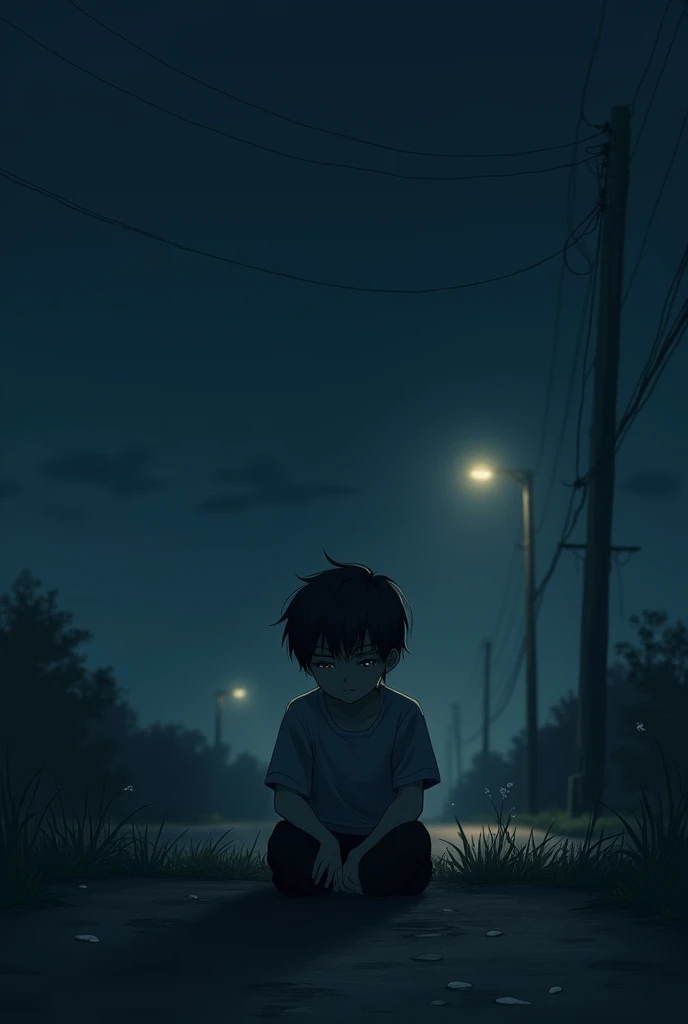 A boy sitting alone at night looking very sad picture size box type
