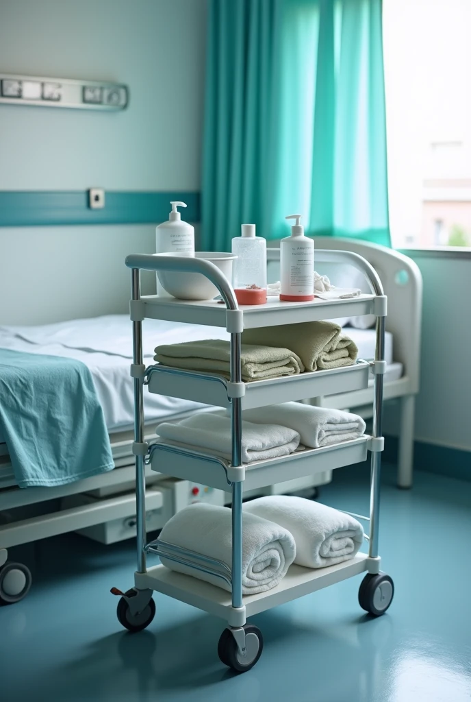 photo d'un chariot d'hopital avec le matériel nécessaire pour la toilette des patient (Gants jetables
Savon doux adapté aux peaux sensibles
Serviettes et gants de toilette
Bassine pour la toilette partielle au lit si nécessaire
Crèmes hydratantes et lotions (si besoin)
Linge propre
Barrières de lit (si la toilette est faite au lit)
dans une chambre d'hopital