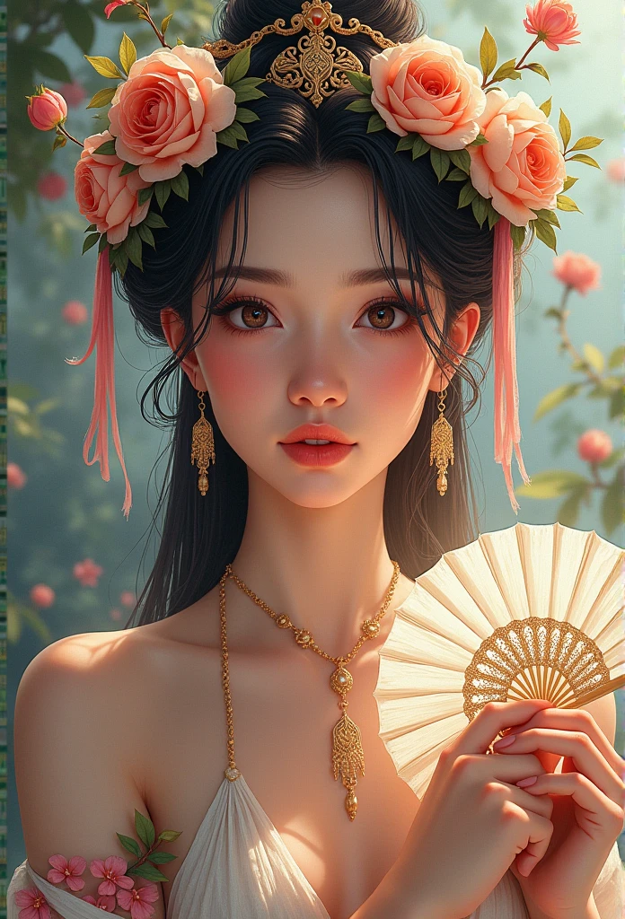 Handheld fan、Arav woman wearing a garland, Beautiful digital illustrations, A beautiful artistic illustration, Stunning digital illustrations, Beautiful digital artwork, Inspired by Yin Dourui, Digital illustration style, Chinese Empress, Portrait of a geisha, Beautiful fantasy queen, Beautiful digital illustrations, Portrait of a beautiful geisha, Portrait of a geisha