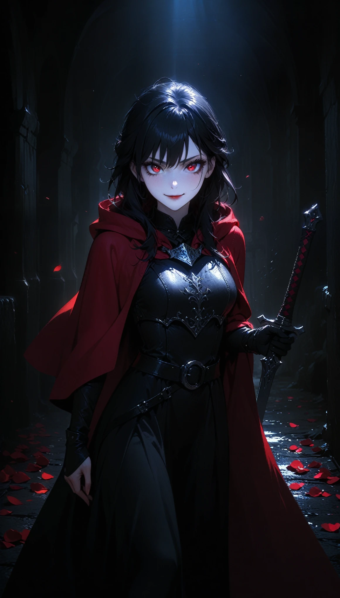 (full body portrait), 1girl, solo, (holding weapon), sword, (long black hair), detailed face, mischief expression, smirk, pale white skin, red eyes, (detailed eyes), long eyelashes, black eye liner, red lipstick, black tunic, (red hoodie cloak), long dress, leather glove, (chest armor), (standing pose) moonlight, hard lighting, blue light, cold light, ((rose pedals falling)), (medieval theme), (masterpiece), super detailed, best quality, POV, dw01-3400, 4k