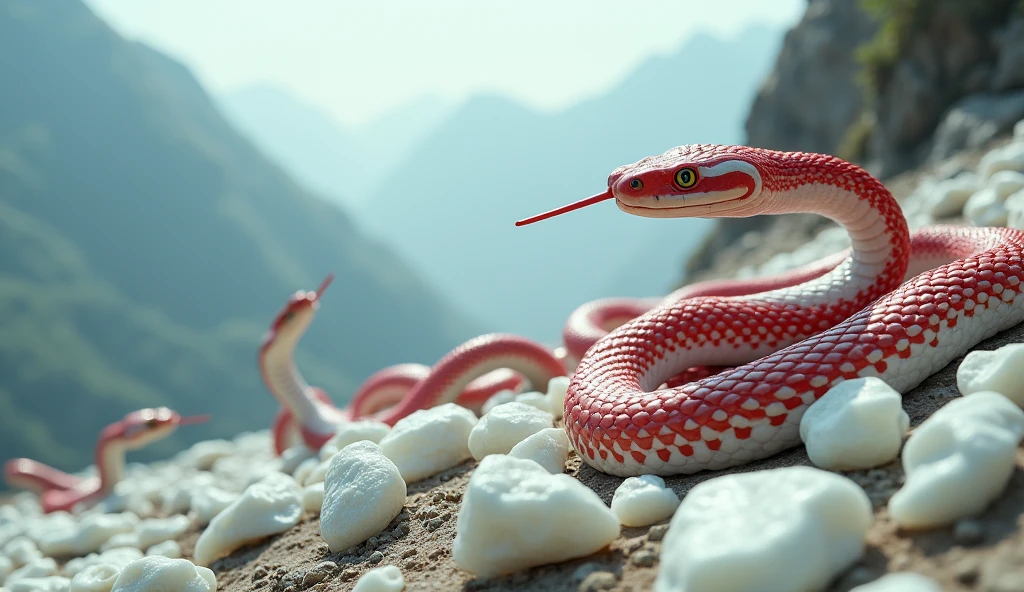 There are many white jades and pit vipers with spikes on their noses between red and white rings on the mountain.(best quality,4K,8k,High level,masterpiece:1.2),Ultra Detailed,(lifelike,Photo real,Photo real:1.37)