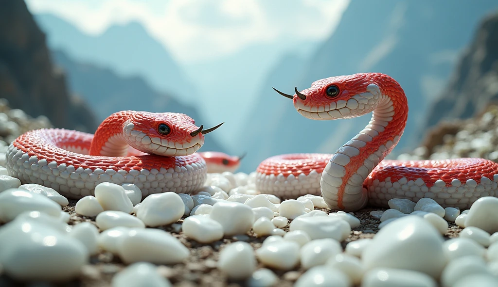 There are many white jades and pit vipers with spikes on their noses between red and white rings on the mountain.(best quality,4K,8k,High level,masterpiece:1.2),Ultra Detailed,(lifelike,Photo real,Photo real:1.37)