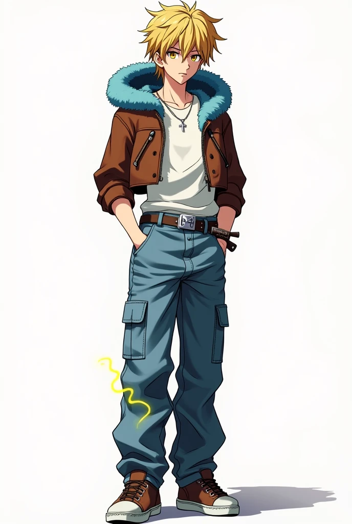 Death Note Style, adolescent, elegant, attractive, by rubio, eyes the color of honey, short and messy hair, Cropped brown leather jacket with blue fur lining on the hood, white t-shirt tucked into pants, baggy jeans, black and silver belt, knives with sheaths hanging from his belt, Brown sneakers, yellow energy coming out of one of his hands, anime, 4k, imposing, Magnificent, bright, full body image, Unrealistic, White background