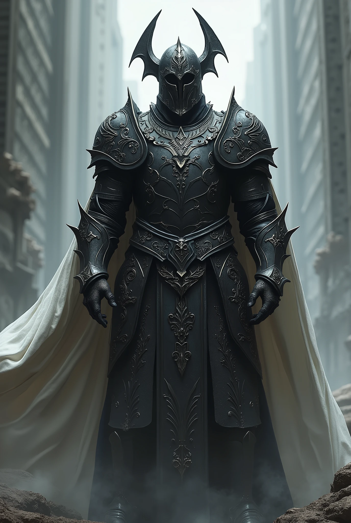 A dark warlord wearing black plate armor with a white cape and an iron helmet featuring bat wings on the sides. The warlord stands in a low-magic medieval fantasy setting, exuding a menacing and imposing aura. The armor is detailed, reflecting the dark and foreboding nature of the character, with a background that emphasizes the grim, low-magic atmosphere of a medieval world.