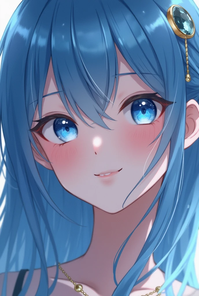 1girl, Long Hair, Smile, Blue eyes, Hair Between Eyes, Jewelry, Blue Hair, Closed Mouth,