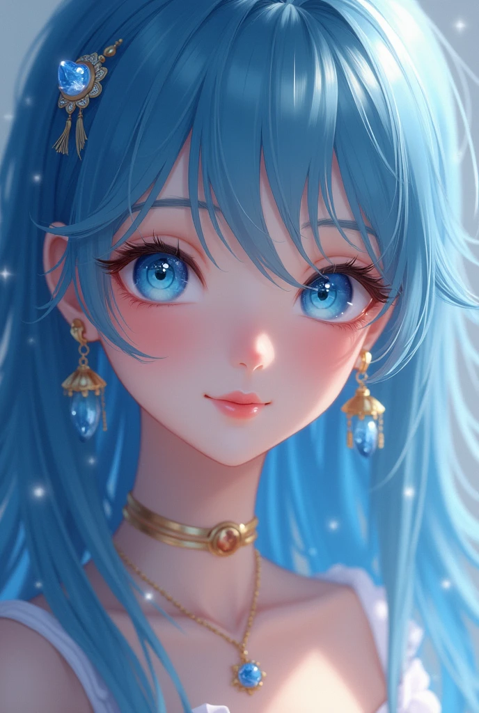 1girl, Long Hair, Smile, Blue eyes, Hair Between Eyes, Jewelry, Blue Hair, Closed Mouth,