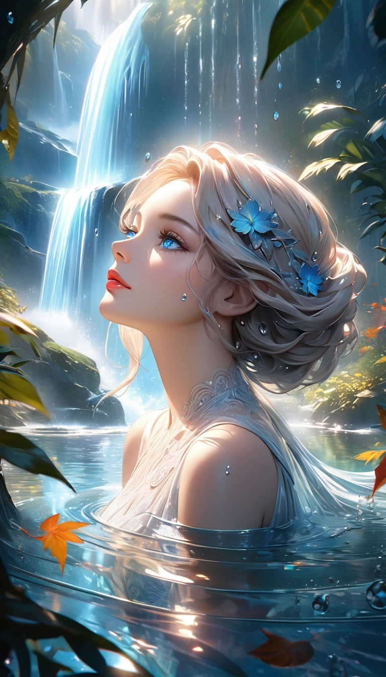 waterfall scenery, bright canvas, The waves are swirling, Transparent holographic reflection, Surreal landscape created by water droplets, Leaves viewers speechless,
A beautiful world, 1 british woman, detailed eyes, detailed lips, very detailed face, long eyelashes, Beautiful and detailed portraits, elegant, tranquil expression, summer, high quality, 8k,
realistic, surrealist, studio lighting, Physically Based Rendering, vivid colors, movie lights, dramatic lighting, soft lighting,
dramatic contrast, clear, ethereal, dreamlike, mysterious, magical, fancy, concept art