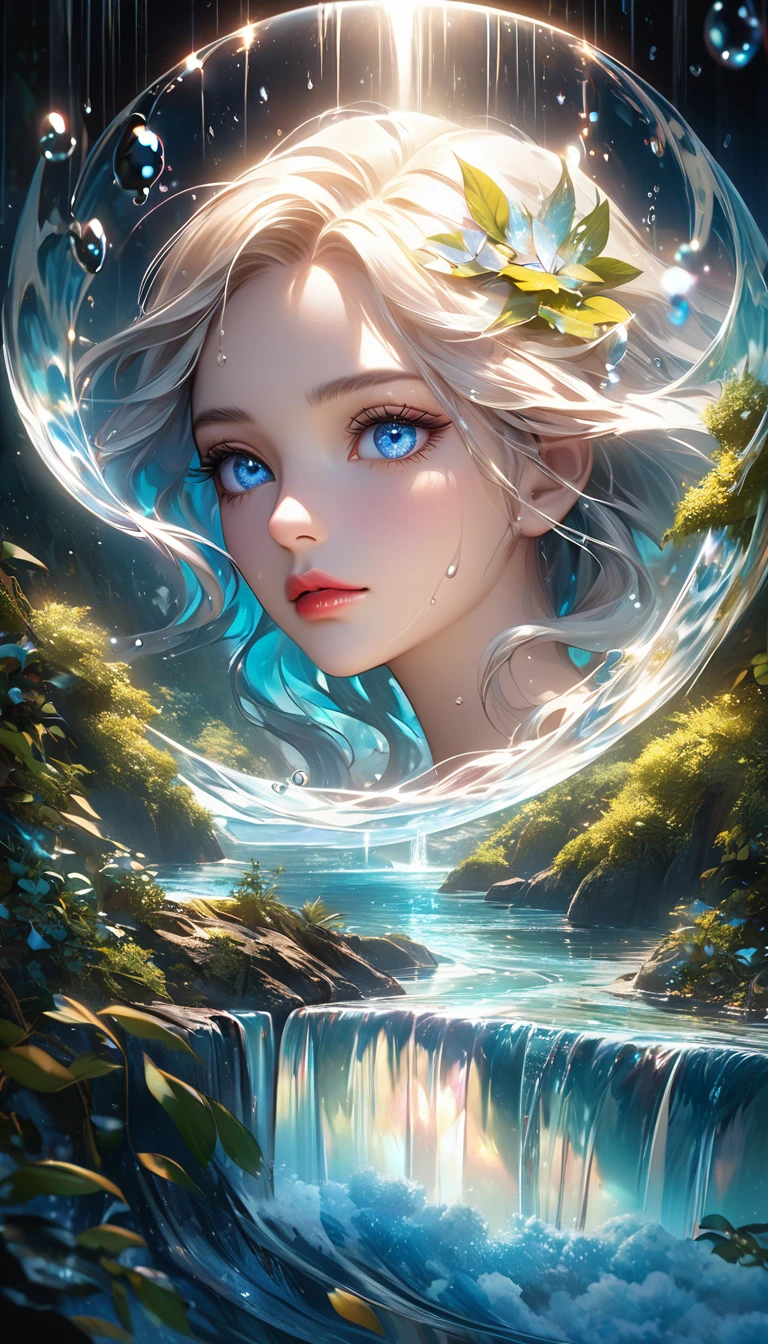 waterfall scenery, bright canvas, The waves are swirling, Transparent holographic reflection, Surreal landscape created by water droplets, Leaves viewers speechless, 
A beautiful world, 1 british woman, detailed eyes, detailed lips, very detailed face, long eyelashes, Beautiful and detailed portraits, elegant, tranquil expression, summer, high quality, 8k, 
realistic, surrealist, studio lighting, Physically Based Rendering, vivid colors, movie lights, dramatic lighting, soft lighting,
 dramatic contrast, clear, ethereal, dreamlike, mysterious, magical, fancy, concept art