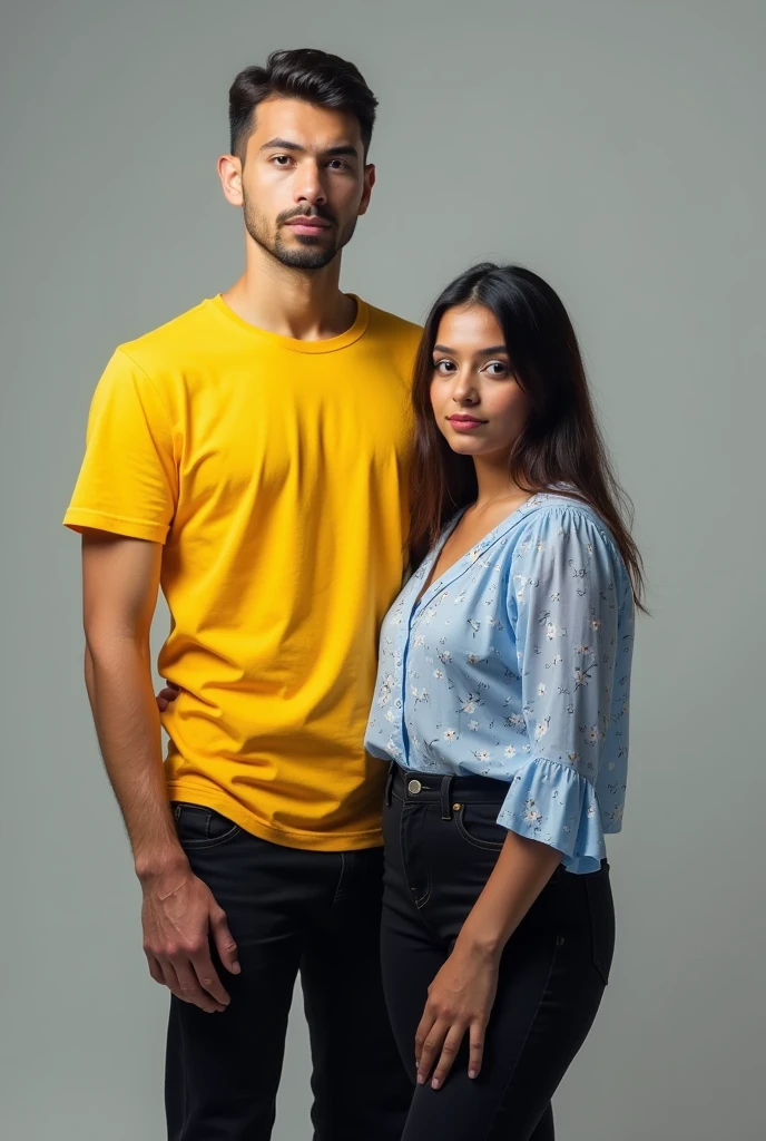 Standing couple tall lean boy wearing yellow t-shirt short chubby girl wearing blue smal floral print on white top and black Jean