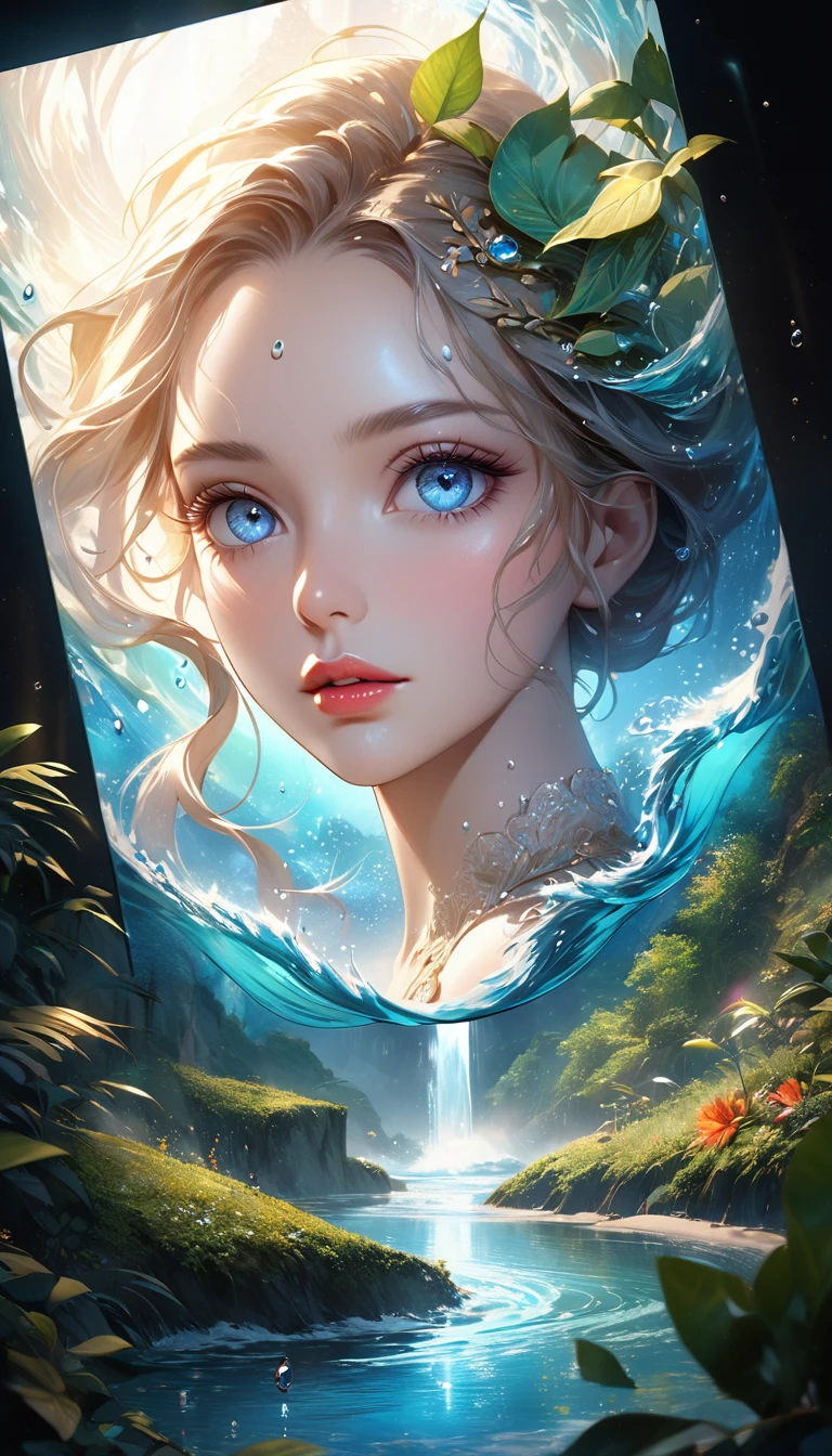 waterfall scenery, bright canvas, The waves are swirling, Transparent holographic reflection, Surreal landscape created by water droplets, Leaves viewers speechless,
A beautiful world, 1 british woman, detailed eyes, detailed lips, very detailed face, long eyelashes, Beautiful and detailed portraits, elegant, tranquil expression, summer, high quality, 8k,
realistic, surrealist, studio lighting, Physically Based Rendering, vivid colors, movie lights, dramatic lighting, soft lighting,
dramatic contrast, clear, ethereal, dreamlike, mysterious, magical, fancy, concept art