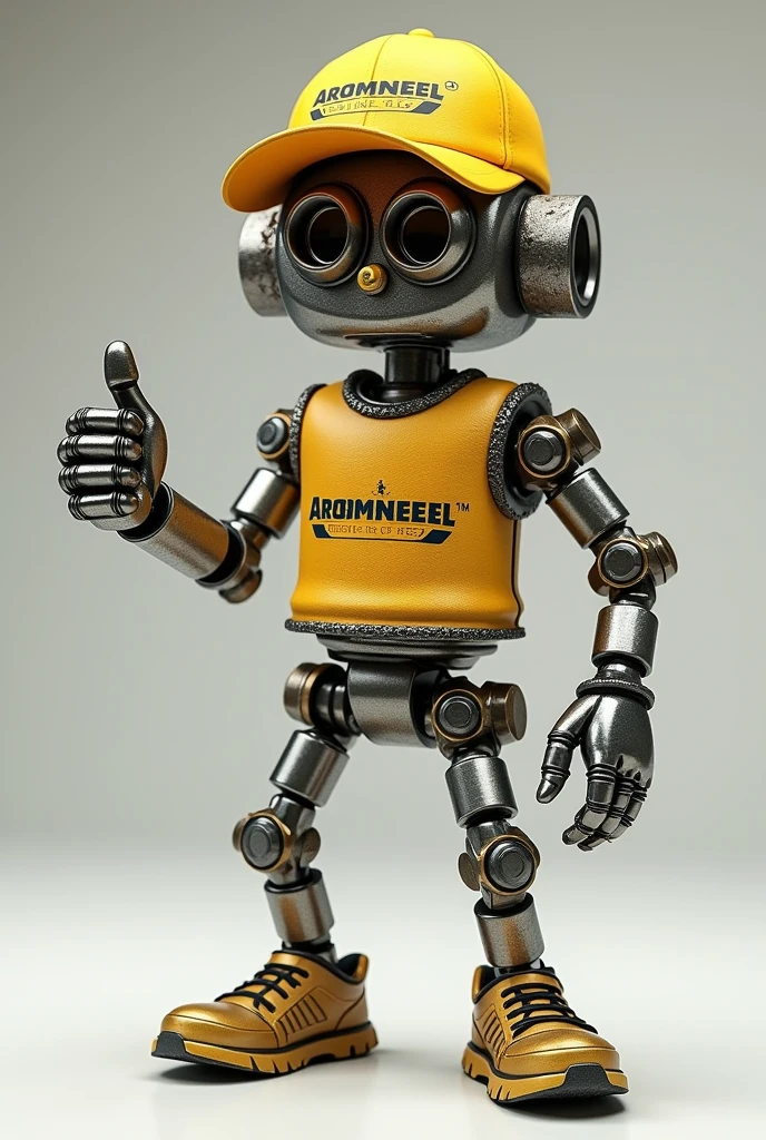 A man made of nutbold wearing Aromaneel engine oil tshirt with yellow pants and golden shoes showing thumps up with yellow cap advertising brand (Aromaneel engine oil)