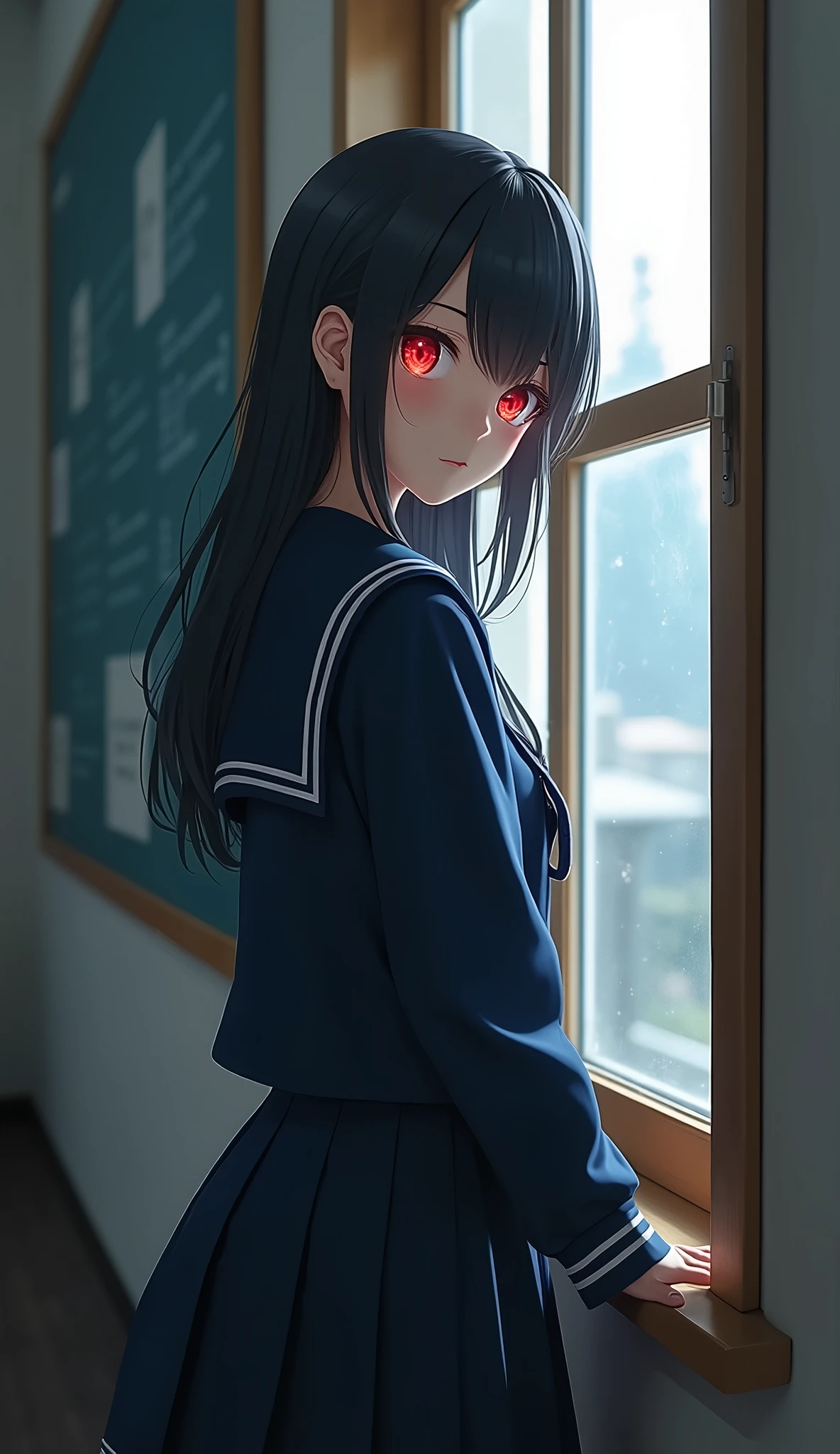 A beautiful girl with red eyes wearing a navy blue sailor uniform standing by the window in the classroom, (((red eyes))), Highest quality、Highest quality、Masterpiece、Ultra high definition、Reality、Detailed eyes and face、Professional photography techniques、Glowing red eyes、Mysterious Space、