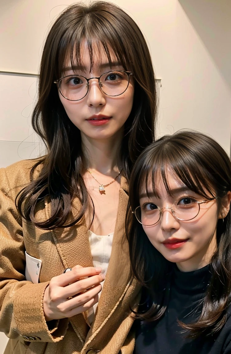 Indonesian girl 17-year-old Hairstyle Casual, F Cup Breasts wearing crewneck dress and selfie with her friend which use glasses at mall