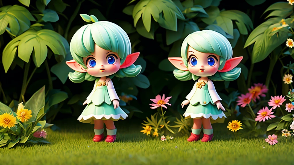 chibi elf girl, long platinum hair, natural light dark garden