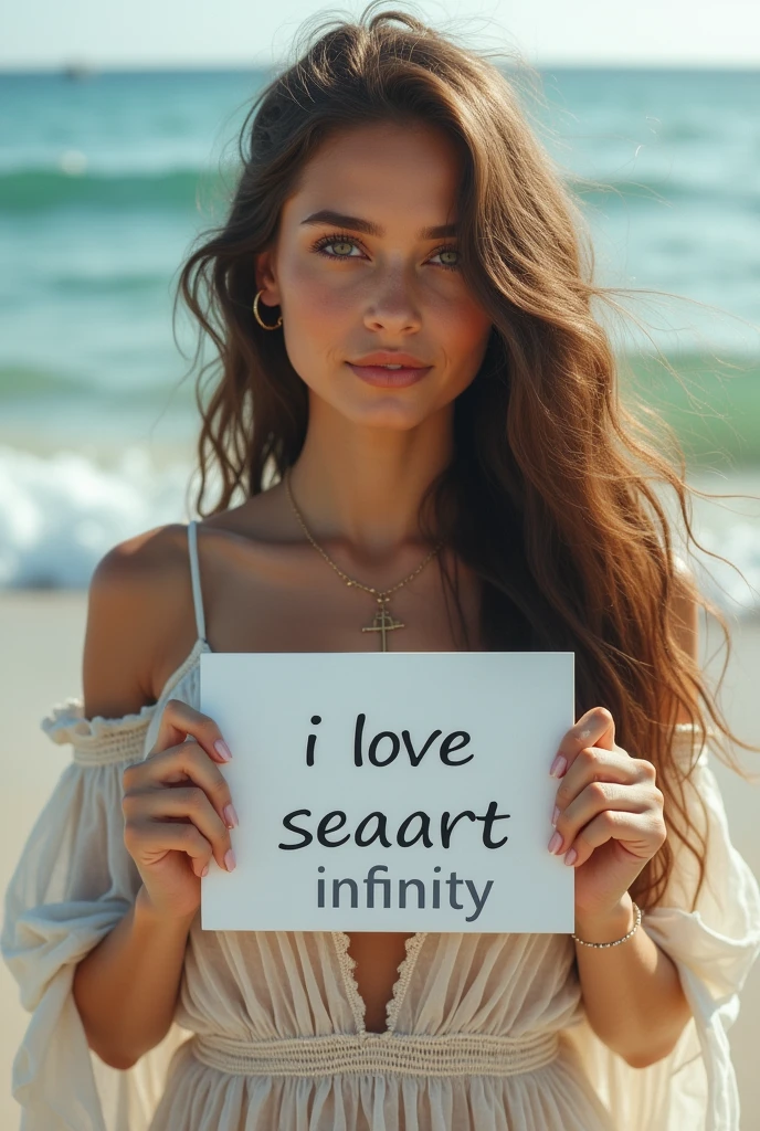 Beautiful girl with wavy long hair, bohemian dress, holding a white board with text "I Love Seaart Infinity" and showing it to the viewer