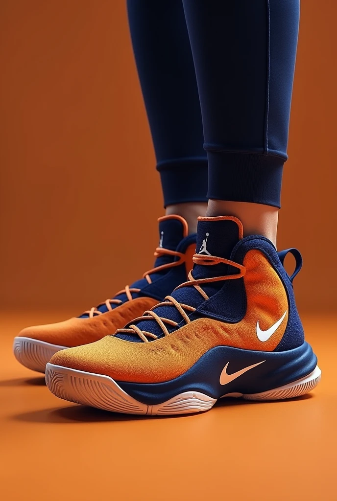 Basketball shoes, put the HZ brand on them, have the best jumping technology and the best materials, have a dull orange and navy blue color, have the shape of a tiger, and be low-cut boots for women, HZ brand, remove the Nike logo