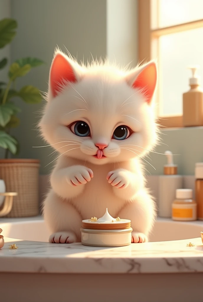 a kitten doing skin care