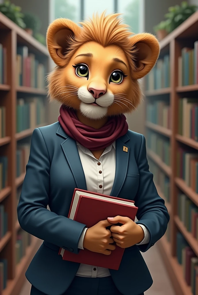 Female lioness, school, without mane, in his hand books with a smile without muscles, with a white shirt suit and a blue suit, with little hair with a small wine-colored scarf around her neck