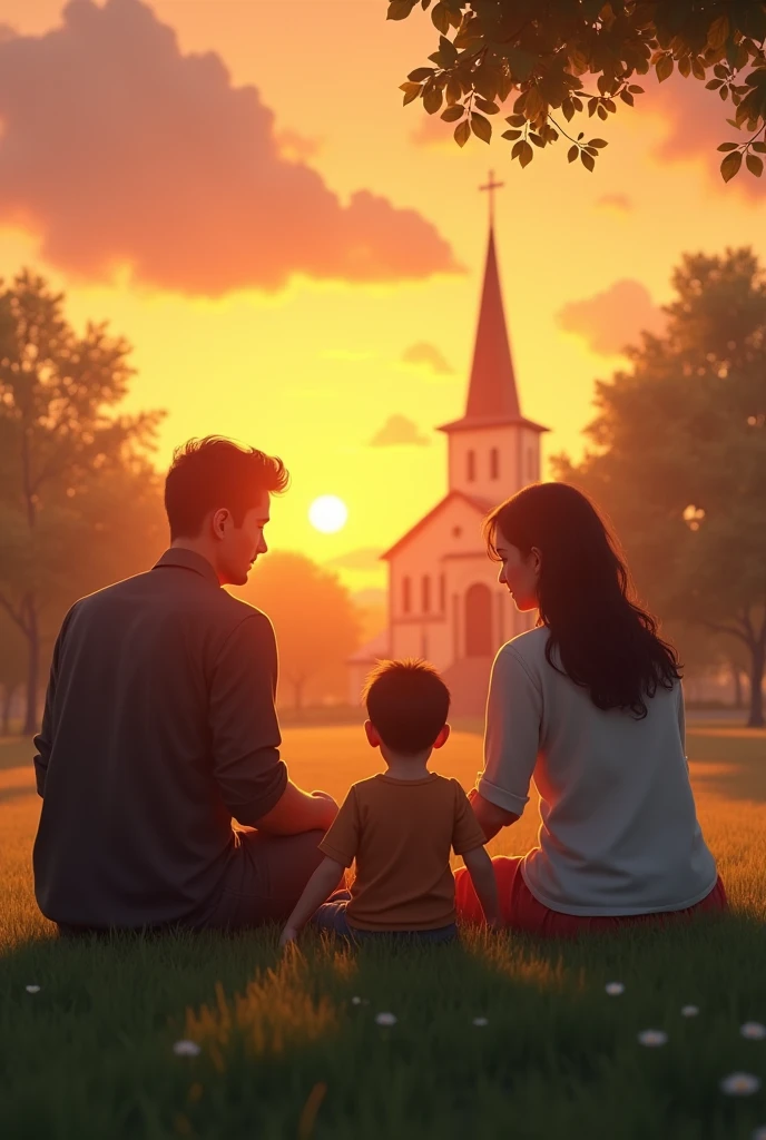 create an image with a family with an autistic child from the back, sitting on a lawn with the sunset in the background, next to the family a church in the background