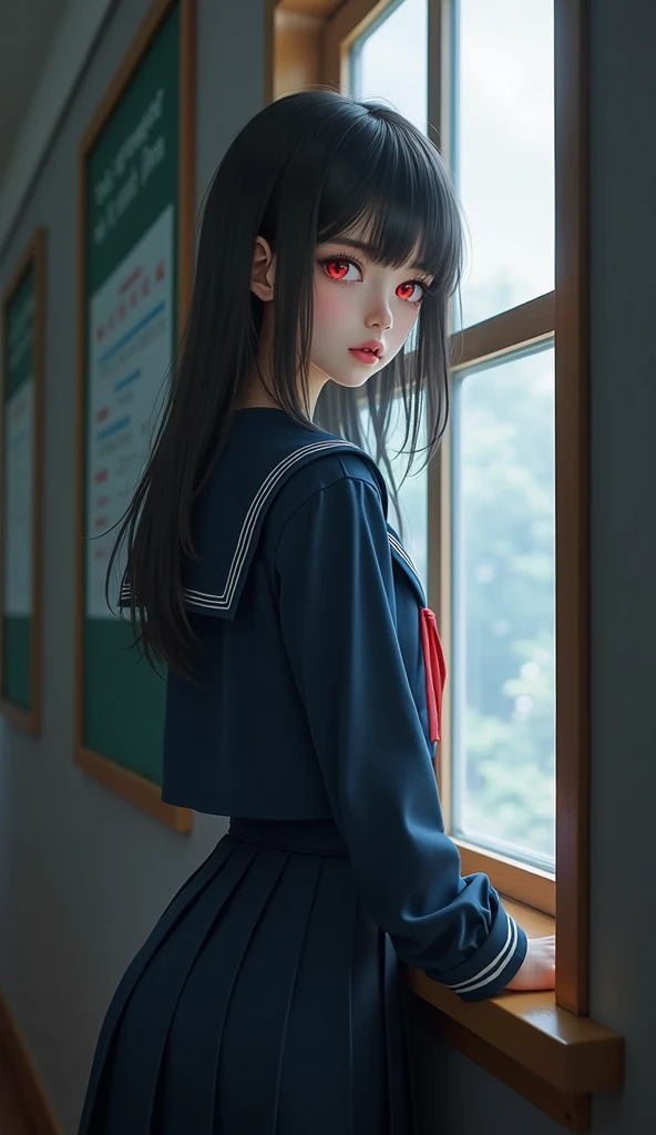 A beautiful girl with red eyes wearing a navy blue sailor uniform standing by the window in the classroom, (((red eyes))), Highest quality、Highest quality、Masterpiece、Ultra high definition、Reality、Detailed eyes and face、Professional photography techniques、Glowing red eyes、Mysterious Space、