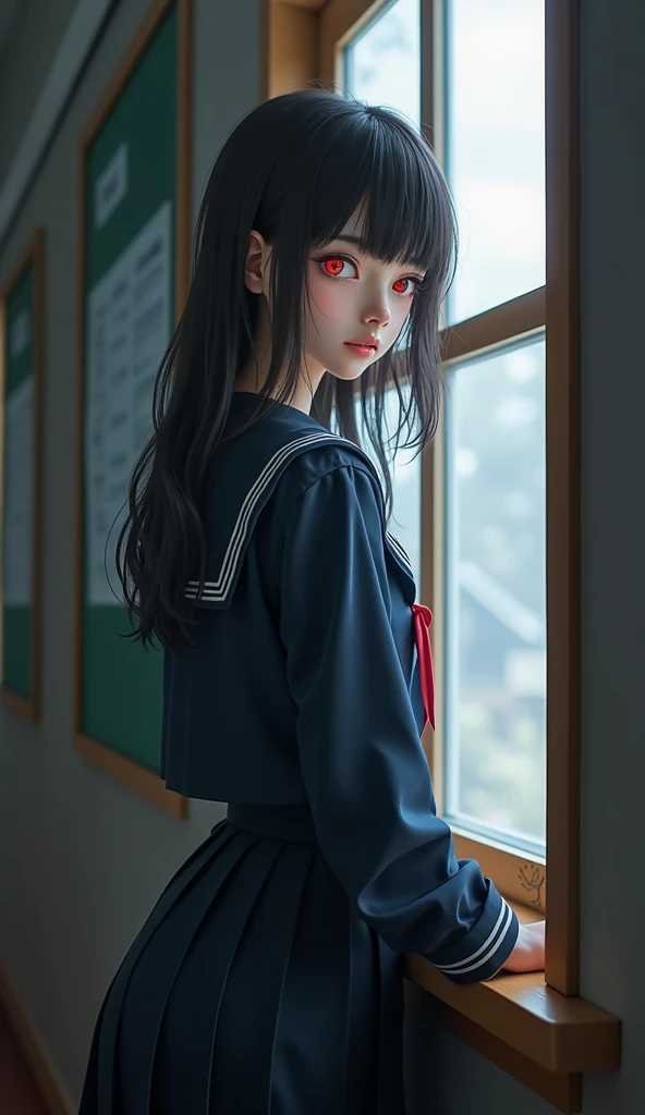 A beautiful girl with red eyes wearing a navy blue sailor uniform standing by the window in the classroom, (((red eyes))), Highest quality、Highest quality、Masterpiece、Ultra high definition、Reality、Detailed eyes and face、Professional photography techniques、Glowing red eyes、Mysterious Space、