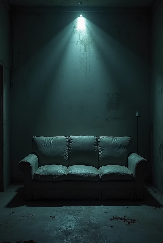 A sofa in a dark room with light coming out through a hole. The atmosphere is creepy with a black metal theme.