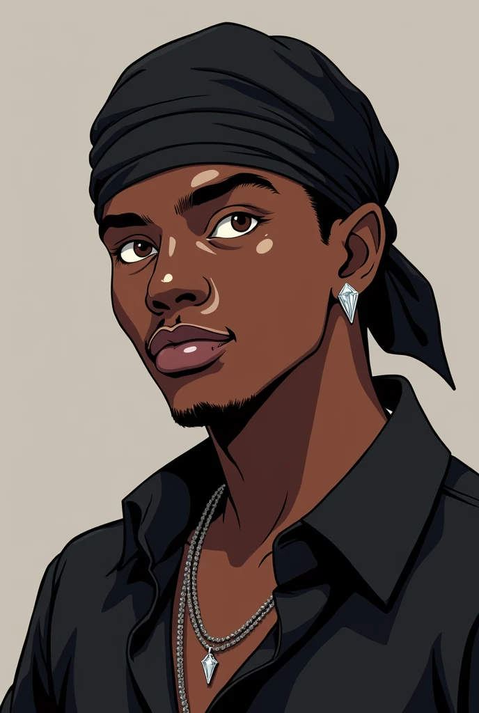 a black man wearing a black durag, diamond earring in the ears, with black shirt, portraite, brown eye color. anime styling. very dark espresso skin color. wide nose, large lips