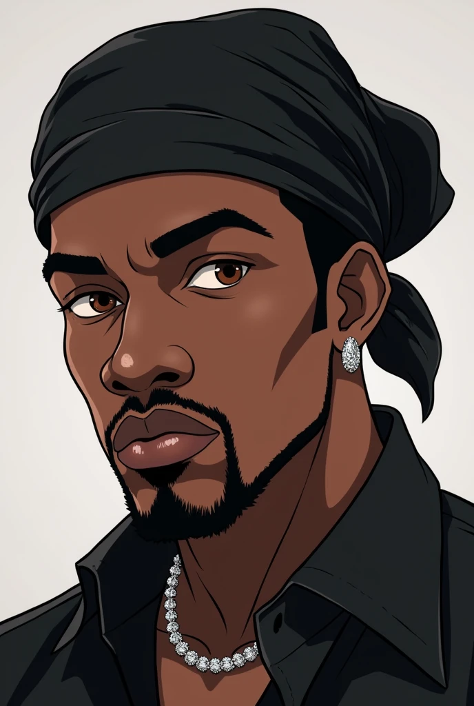 a black man wearing a black durag, diamond earring in the ears, with black shirt, portraite, brown eye color. anime styling. very dark espresso skin color. wide nose, large lips