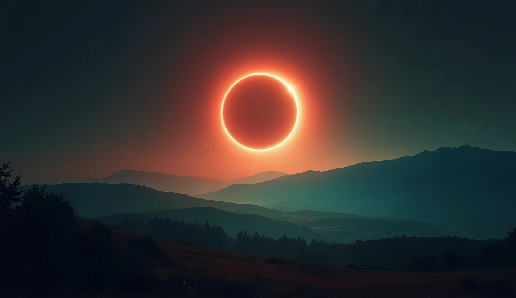 High-quality image of a solar eclipse in progress, capturing the eerie shift in light as the moon covers the sun. The sky darkens, with the sun's corona glowing faintly, and the landscape beneath shows muted reds and vibrant blues and greens, emphasizing the Purkinje effect.