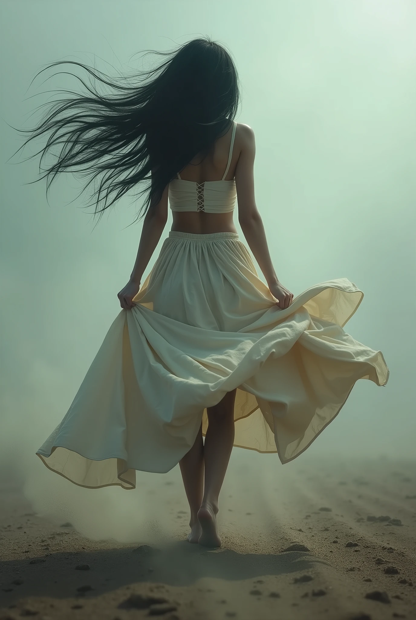A lone figure stands isolated, her skirt billowing in the wind, unveiling a glimpse of her undergarments. The chaotic scene unfolds as her jet-black hair dances wildly in the breeze, clutching the front of her skirt in a display of movement and disarray. Whimsical, dynamic, windy, revealing, chaotic.