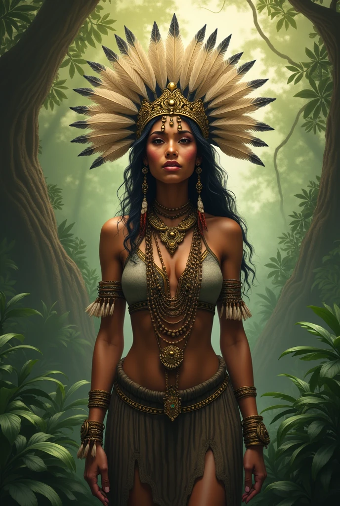 ((Realistic:1.5)), ((Best quality)), ((Masterpiece)), ((detailed)), (photorealism), (Exact proportions), (Ultra wide angle lens), (detailed face, Beautiful black eyes, detailed pupils, clear background: 1,3), ((several girls with stone spears)), dark-skinned North American savages in primitive skirts sneak with spears, native North American appearance, wild hunters in wild costumes sneak with spears, moist oily skin, (decorated savage outfit made of jaguar skin), embellished statement necklace, massive embellished bracelets, massive earrings, large toned breasts, hidden by skin, long legs, wide steep hips, Long thick black hair braided into a braid, wide cheekbones, plump lips, Focused gaze, night sky, night forest, dense thickets, jungle, best shadow, bright details, perfect composition, sharp focus, end of the world