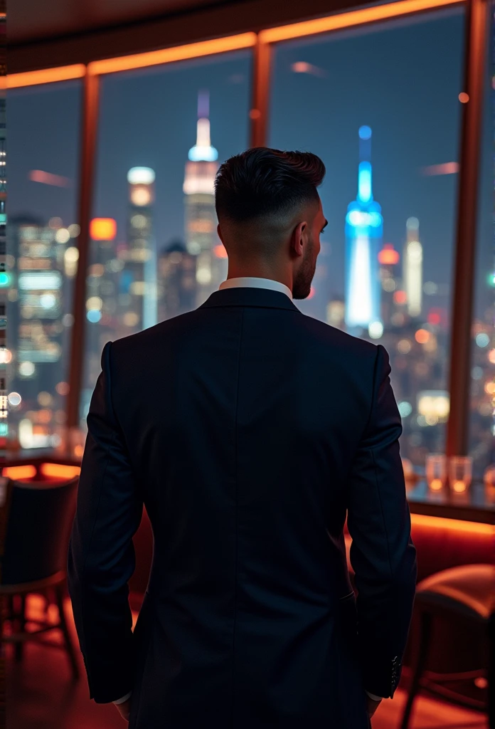 A photo of Finance Bro sitting at a VIP table in an exclusive club with a view of the Manhattan skyline in the background,original,30 years old, masculine, near comb over hair, wears a navy suit with a tie, walks around New York City , de costas