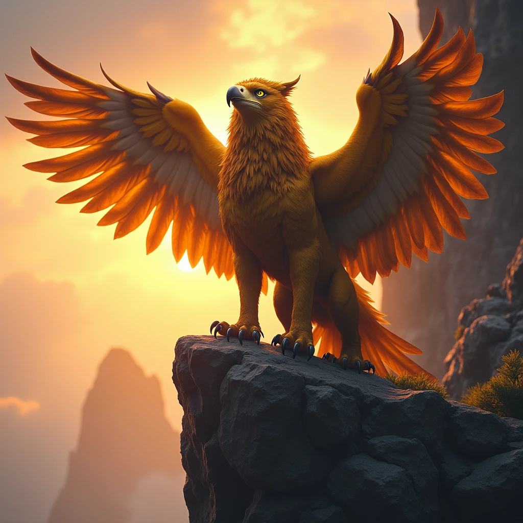 A majestic griffin perched on a rocky cliff at dawn, its powerful eagle wings spread wide. The creature has the body of a lion with golden fur and sharp claws, and the head of an eagle with piercing yellow eyes. The background shows a vibrant sunrise, with rays of light illuminating the griffin’s feathers, creating a sense of awe and grandeur. Highly detailed, photorealistic, with a dramatic atmosphere