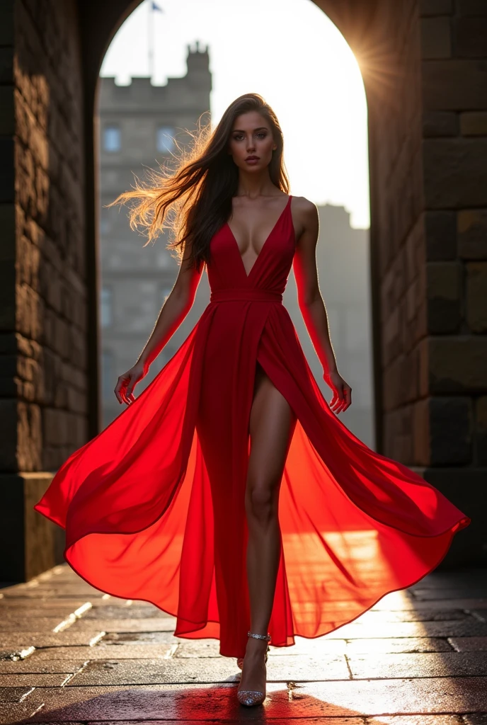 Brunette Instaghram influencer, standing at the main gate of Edinburgh Castle, red flowing dress, legs spread a part, sunlight coming through the dress. hair blowing in the wind, dynamic lighting, wet reflection on the ground
