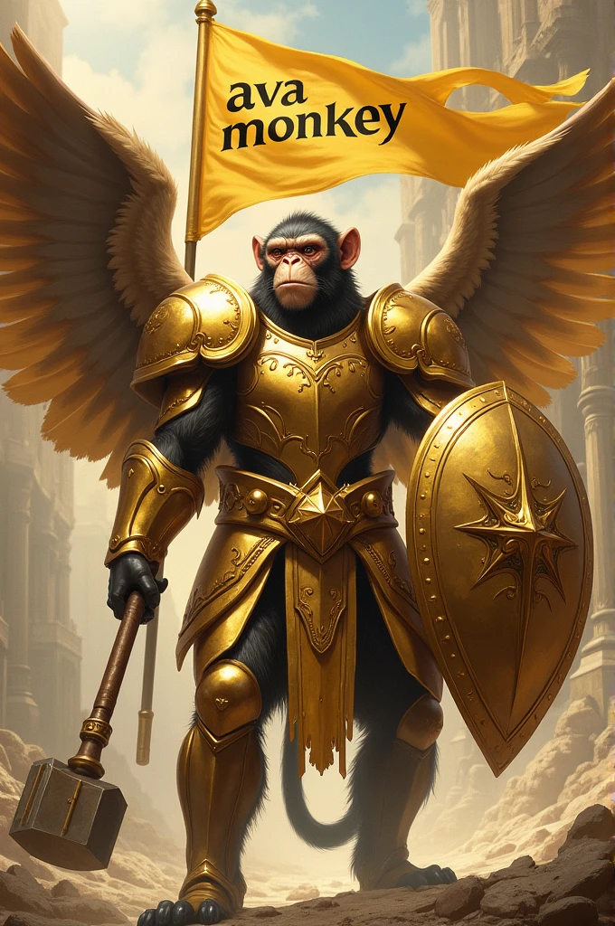 Create an image of a winged monkey wearing shiny golden armor. He is holding a large hammer in one hand and a golden shield in the other.. On the monkey's back, there is a golden flag with the text 'AVA MONKEY' written in elegant letters. The scene should convey a sense of power and majesty, with the armor reflecting light and the flag waving in the wind.